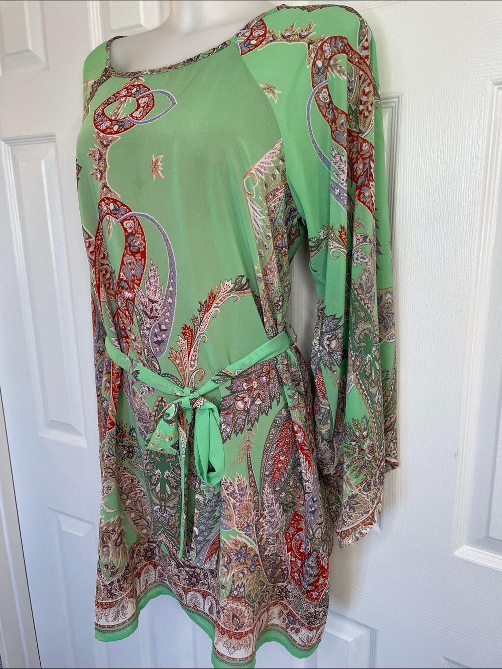 UMGEE GREEN PAISLEY LONG SLEEVE BELTED SHIFT DATE NIGHT VACATION DRESS SZ M - Picture 3 of 14